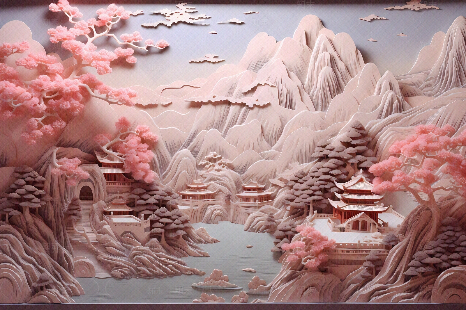 大美国风3D立体纸雕艺术山水风景画中国风壁画贴图下载【ID:1157881620】