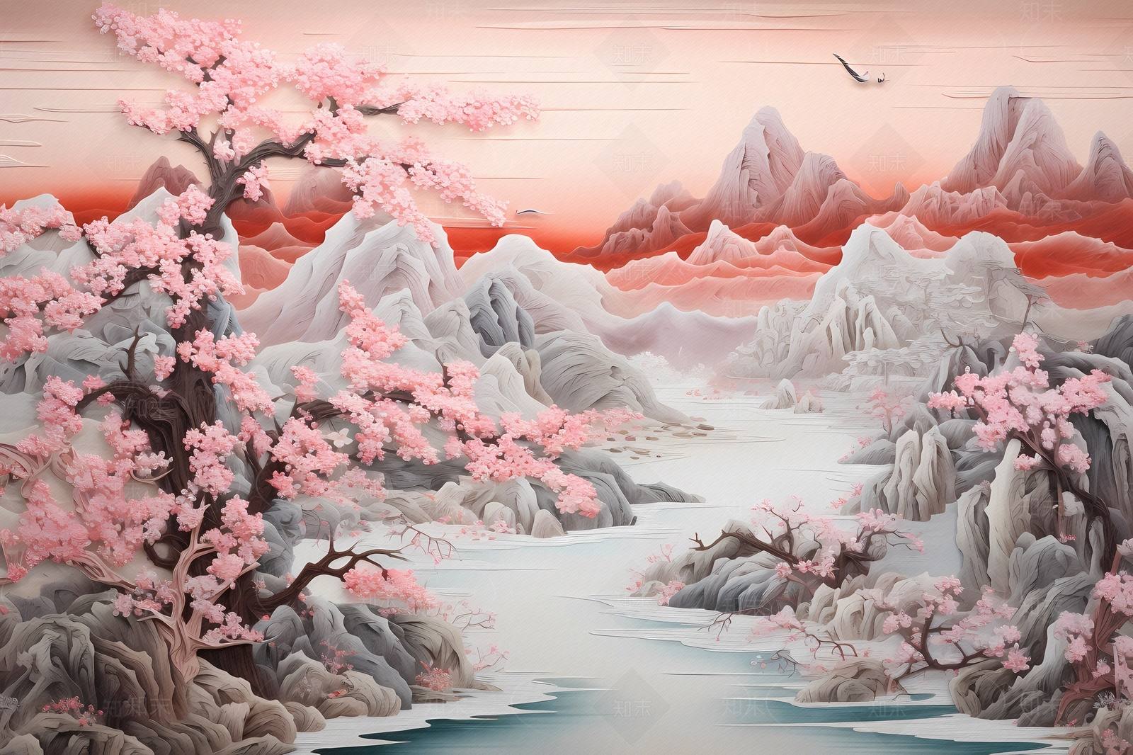 大美国风3D立体纸雕艺术山水风景画中国风壁画贴图下载【ID:1157881659】