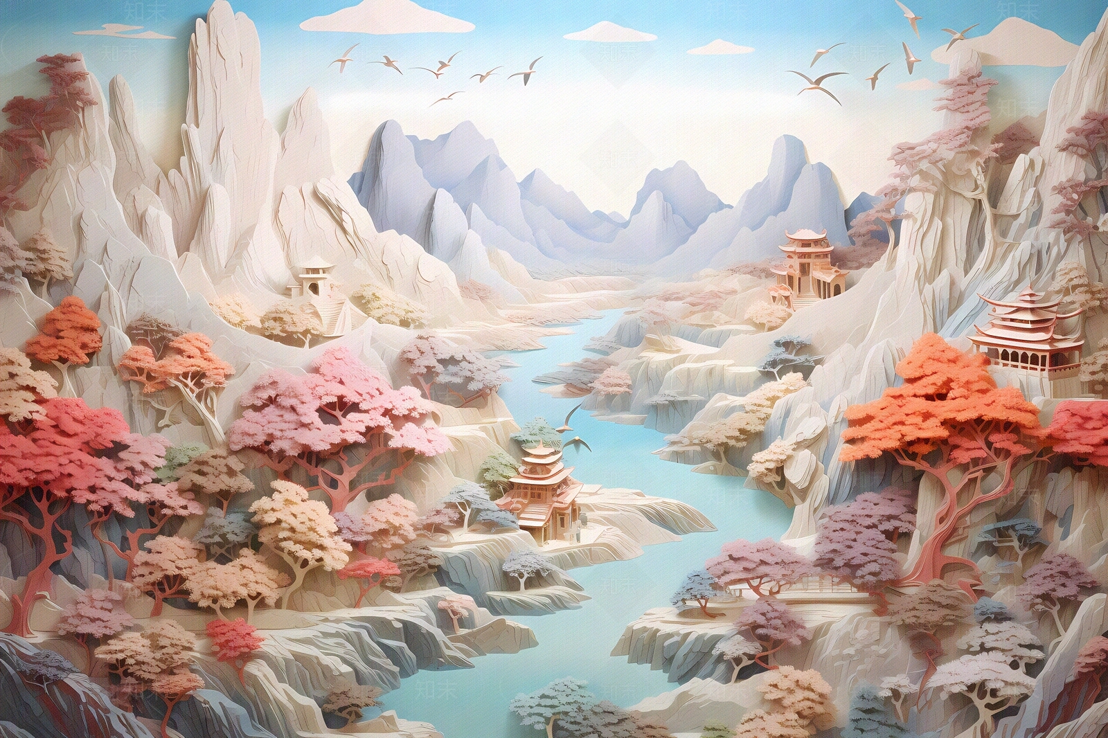 大美国风3D立体纸雕艺术山水风景画中国风壁画贴图下载【ID:1157881789】