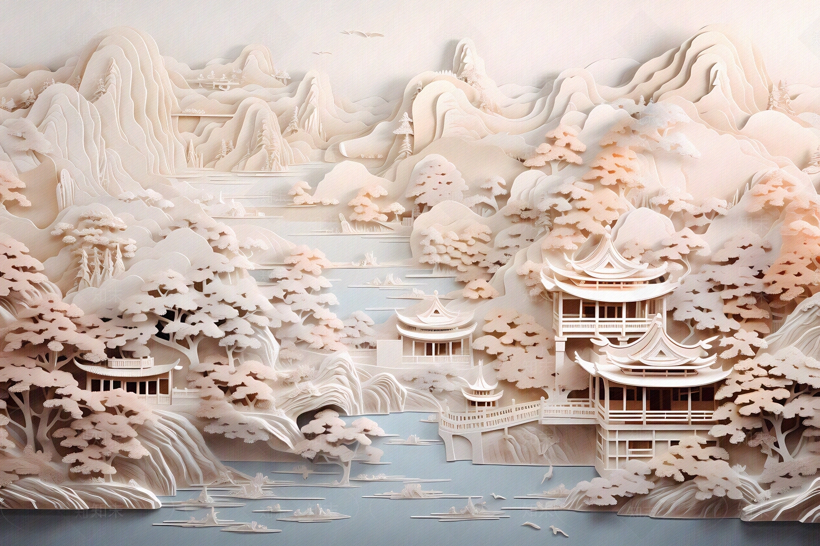 大美国风3D立体纸雕艺术山水风景画中国风壁画贴图下载【ID:1157881944】