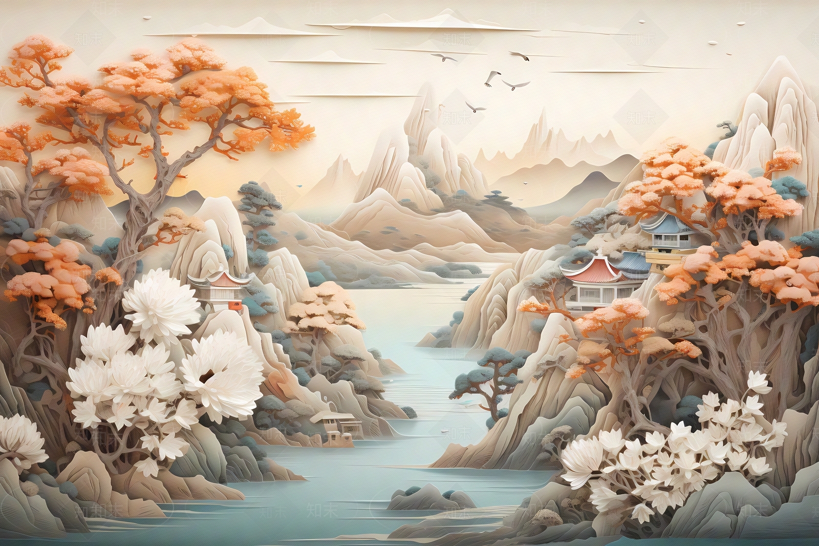 大美国风3D立体纸雕艺术山水风景画中国风壁画贴图下载【ID:1157882091】