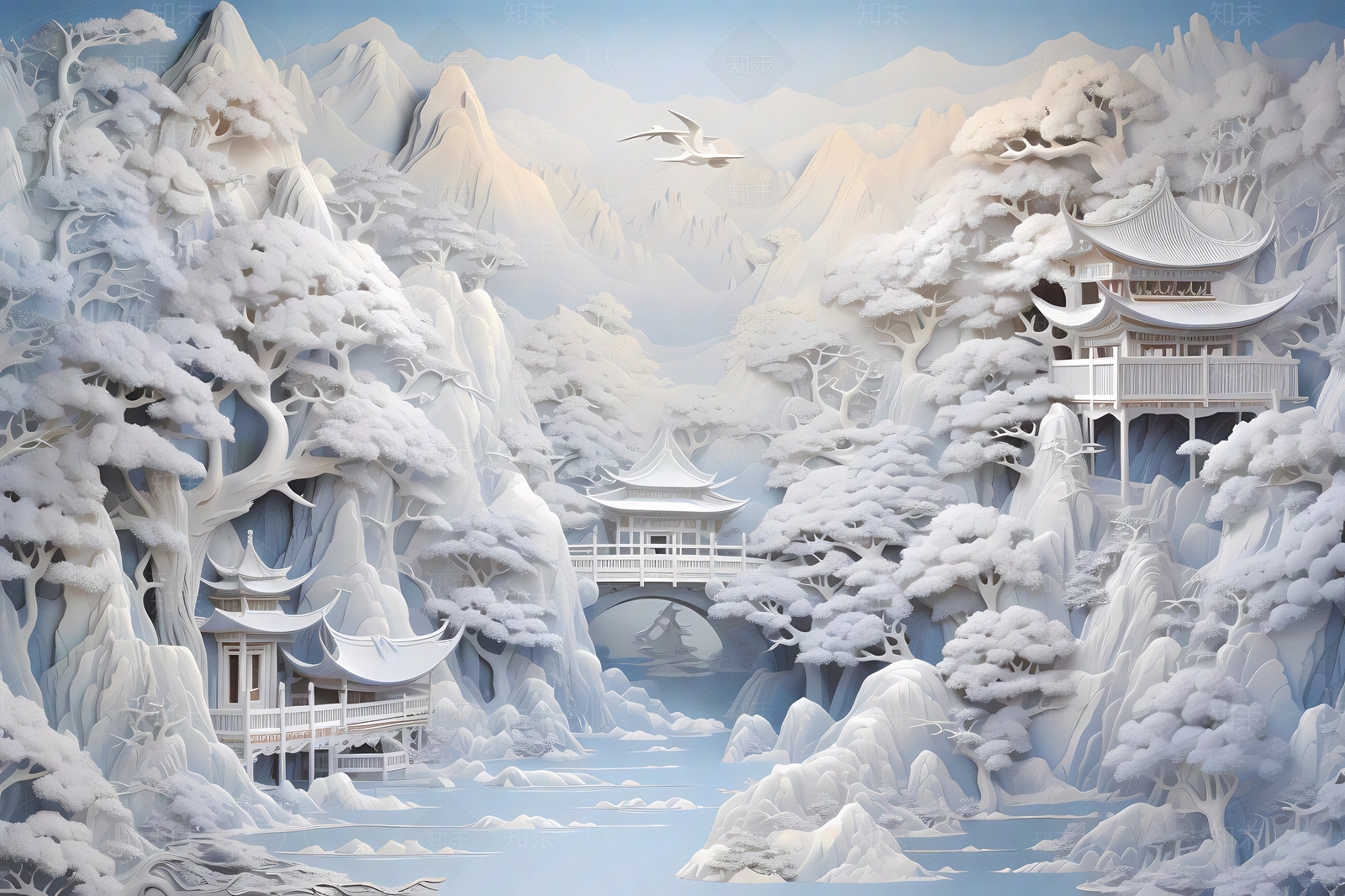 大美国风3D立体纸雕艺术山水风景画中国风壁画贴图下载【ID:1157882075】