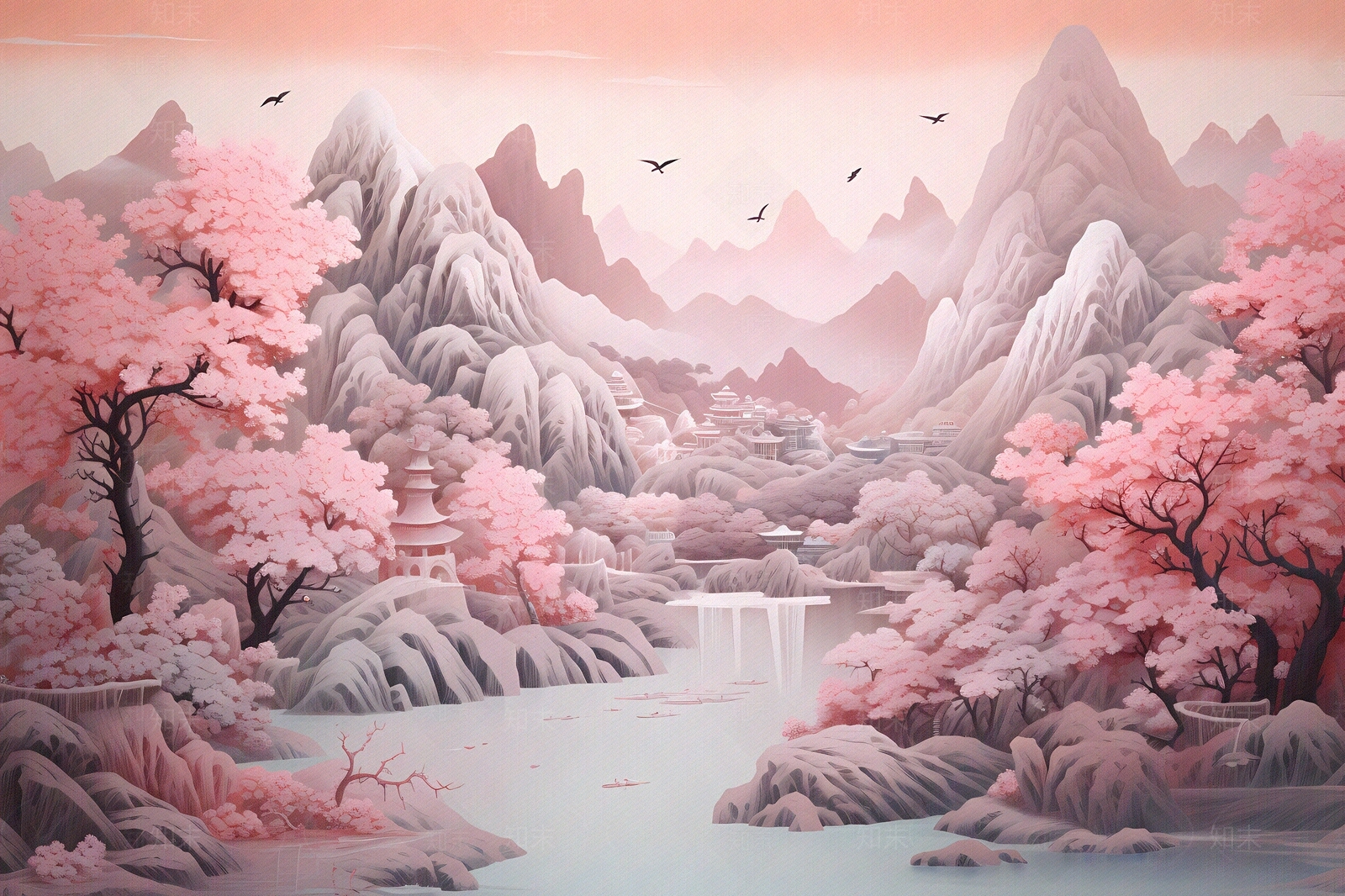 大美国风3D立体纸雕艺术山水风景画中国风壁画贴图下载【ID:1157882160】