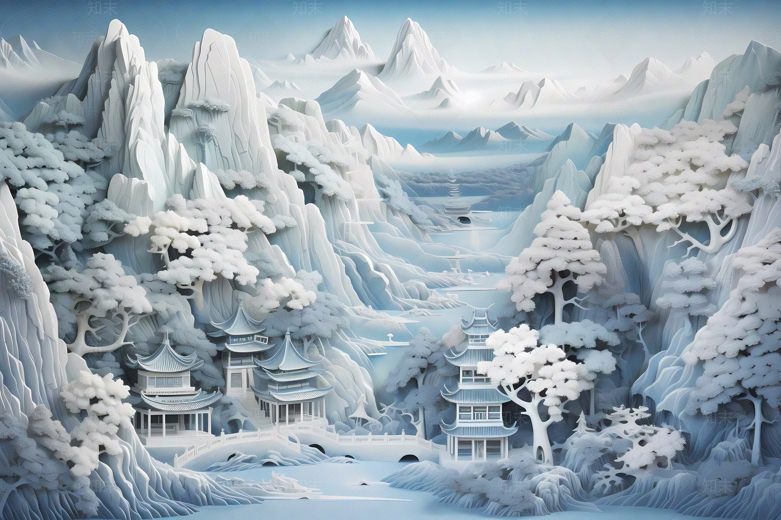 大美国风3D立体纸雕艺术山水风景画中国风壁画贴图下载【ID:1157882157】