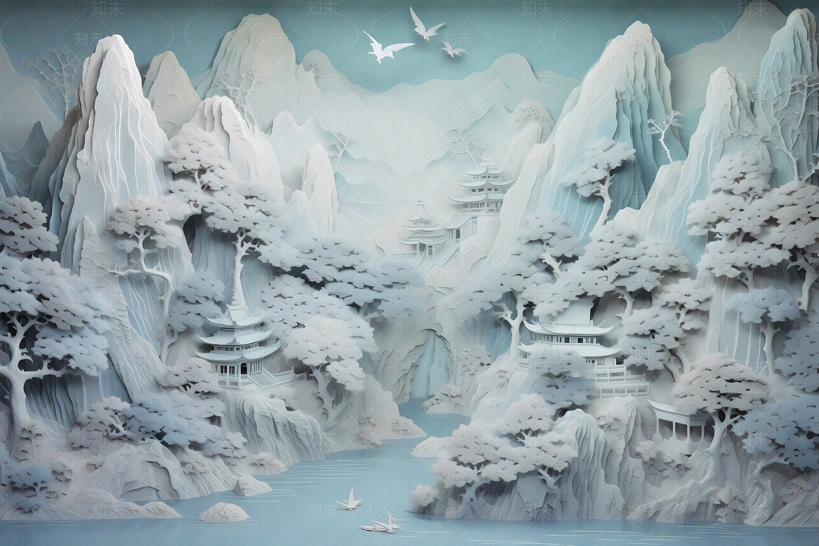 大美国风3D立体纸雕艺术山水风景画中国风壁画贴图下载【ID:1157882214】