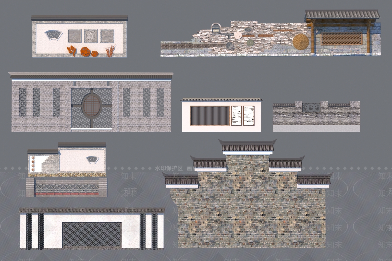 中式青砖青瓦景墙3D模型下载【ID:1157885871】