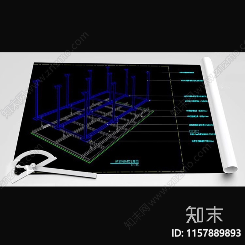 龙骨天花钢结构吊顶转换层节点图素材模板施工图下载【ID:1157889893】