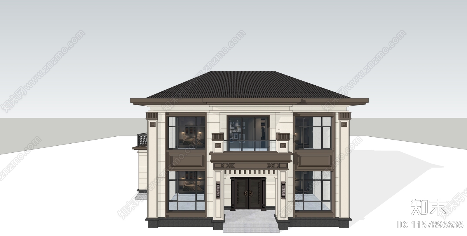 新中式别墅外观建筑SU模型下载【ID:1157896636】