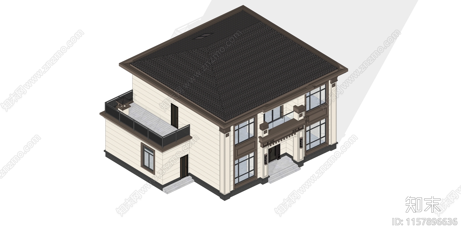 新中式别墅外观建筑SU模型下载【ID:1157896636】