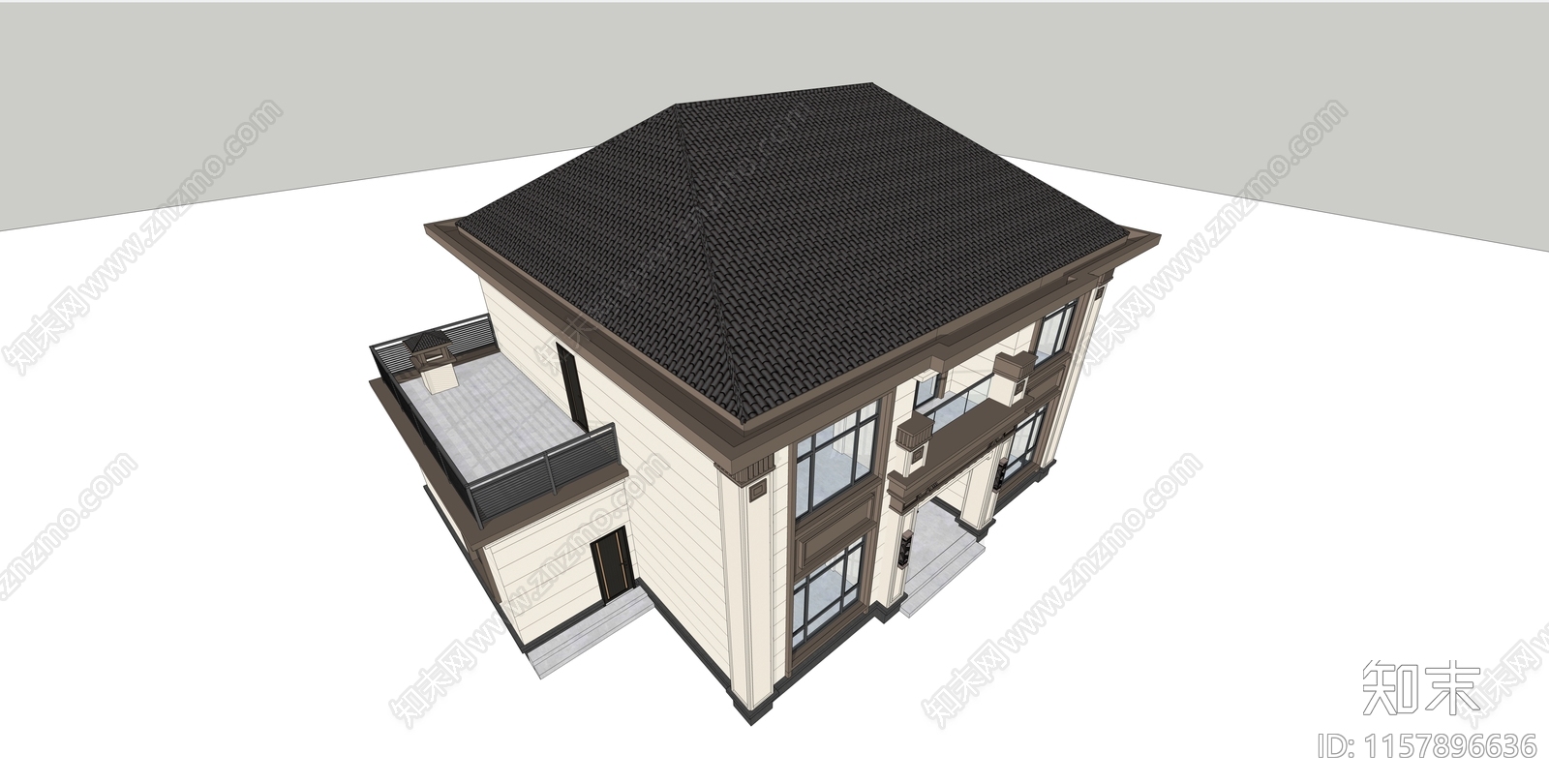 新中式别墅外观建筑SU模型下载【ID:1157896636】