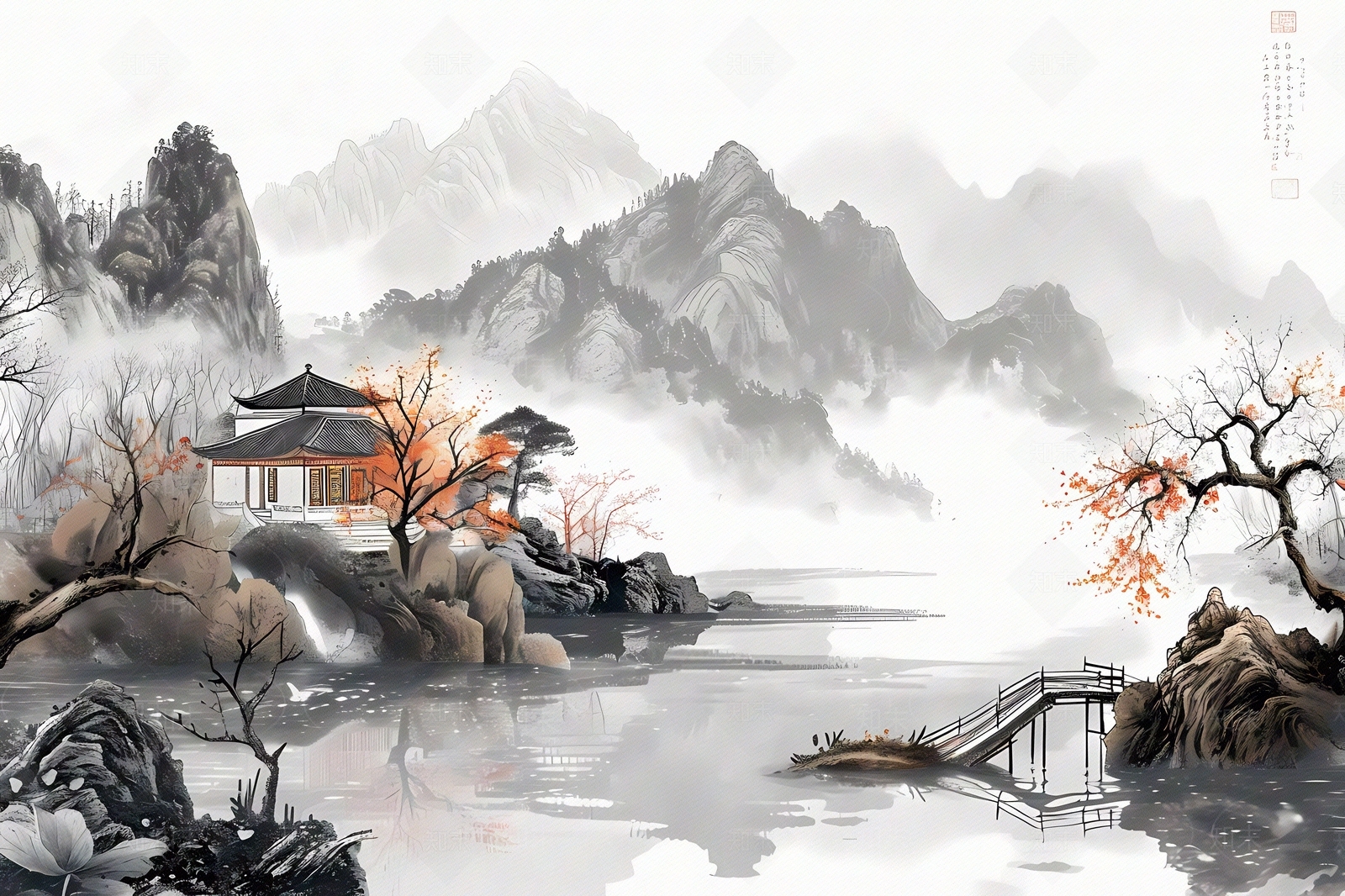 大美国风水墨山水国风壁画贴图下载【ID:1157898380】