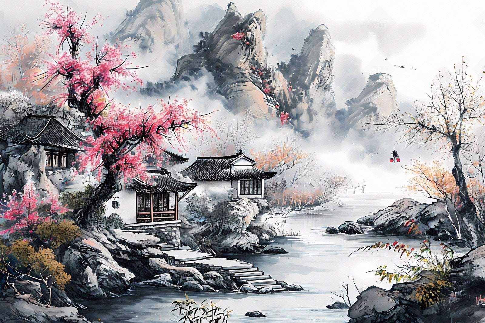 大美国风水墨山水国风壁画贴图下载【ID:1157898419】