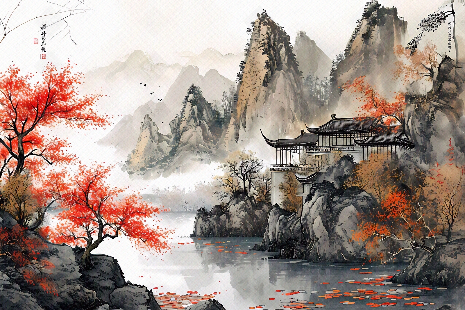 大美国风水墨山水国风壁画贴图下载【ID:1157899041】