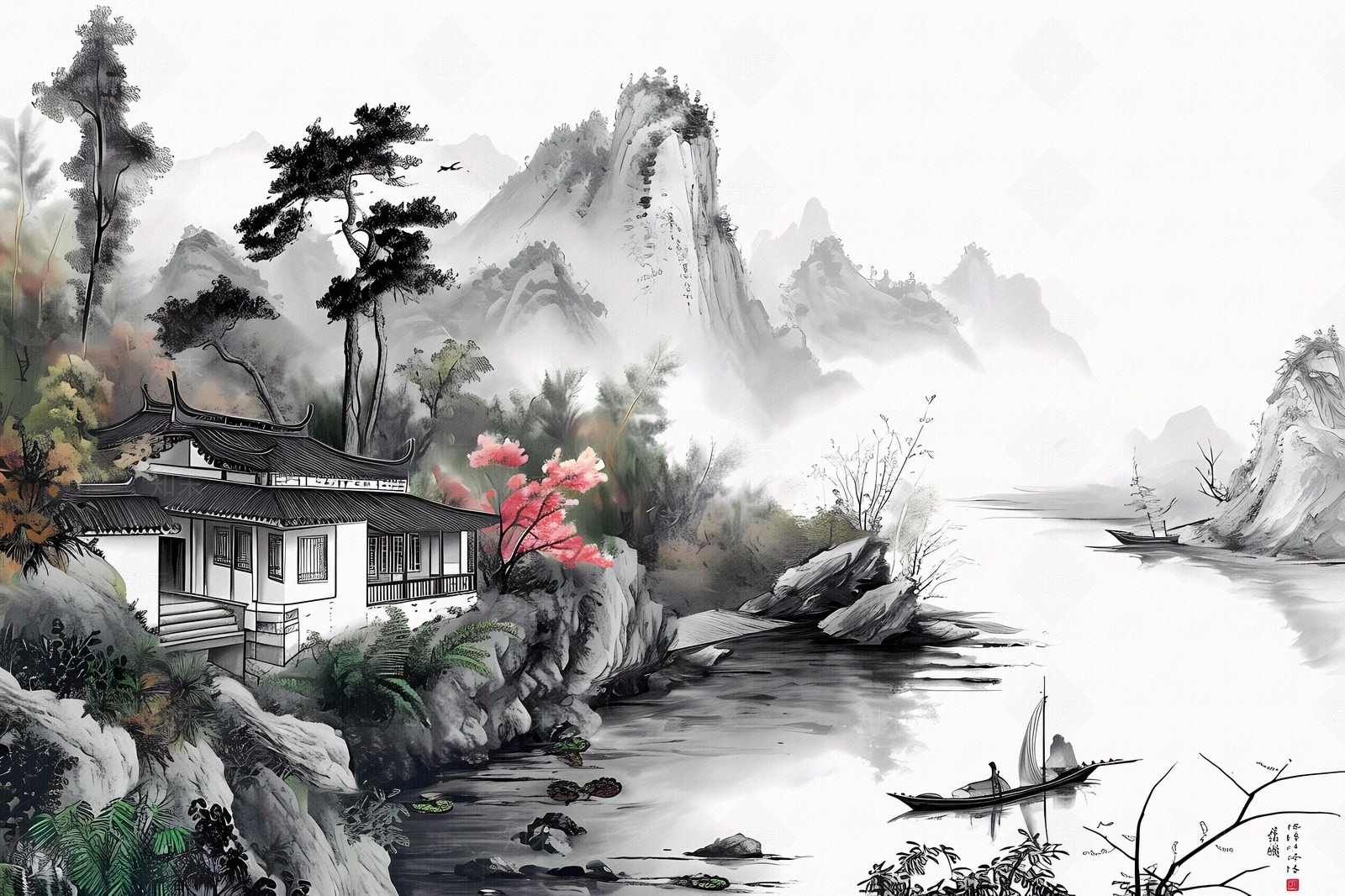 大美国风水墨山水国风壁画贴图下载【ID:1157899462】