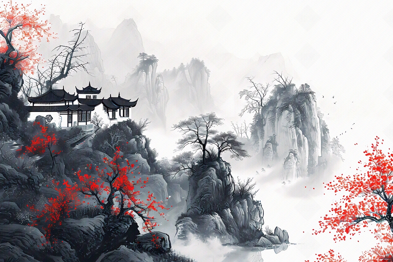 大美国风水墨山水国风壁画贴图下载【ID:1157899509】