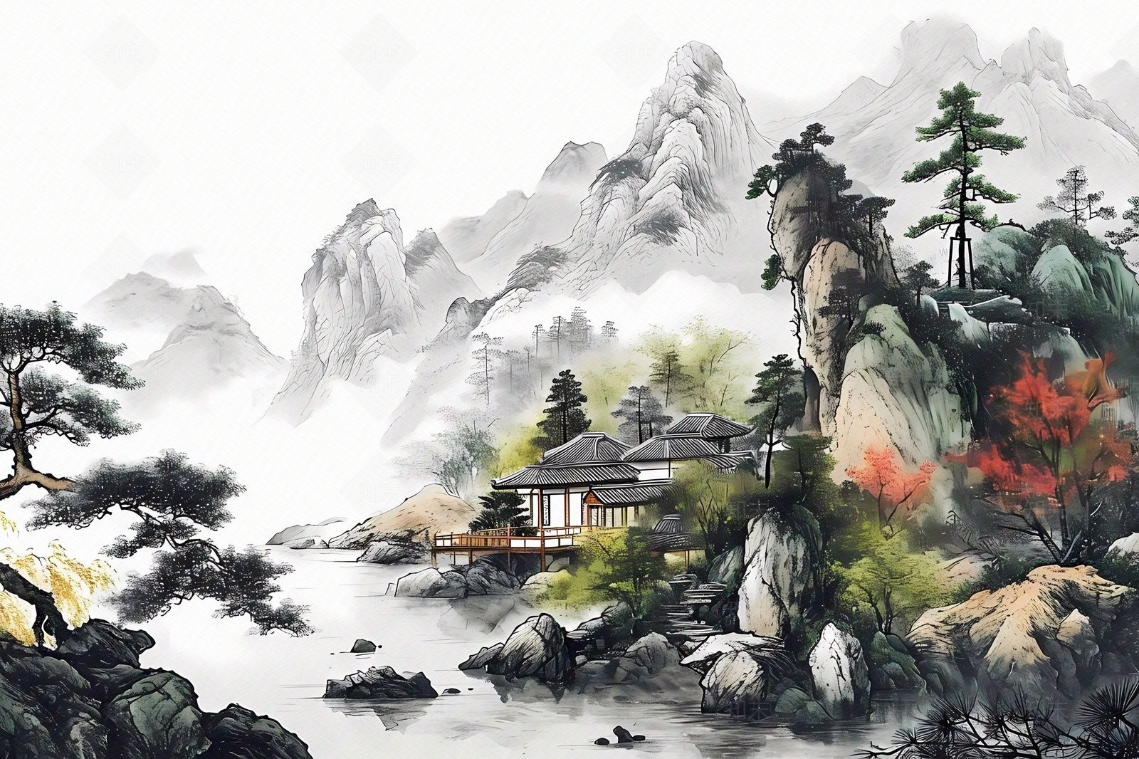 大美国风水墨山水国风壁画下载【ID:1157899646】