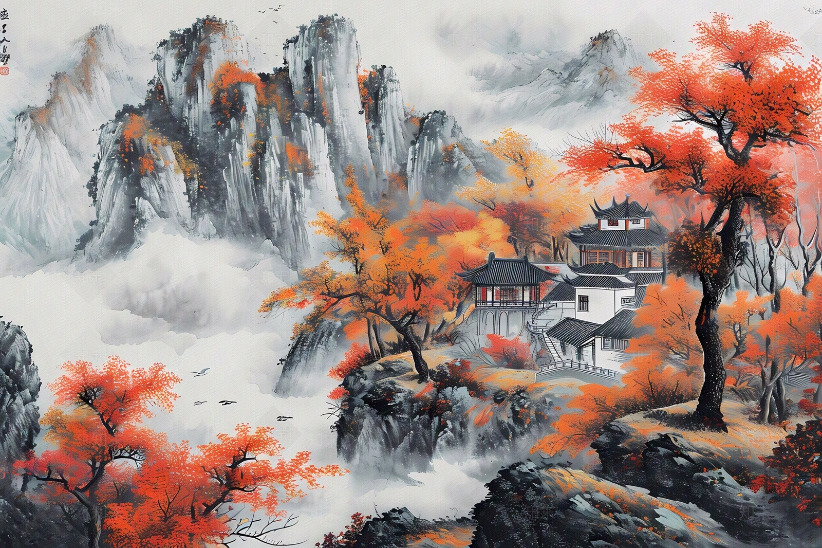 大美国风水墨山水国风壁画贴图下载【ID:1157900035】