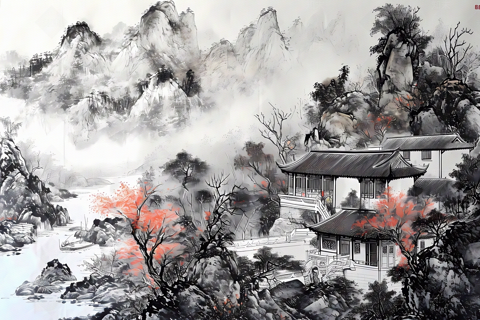 大美国风水墨山水国风壁画贴图下载【ID:1157900170】