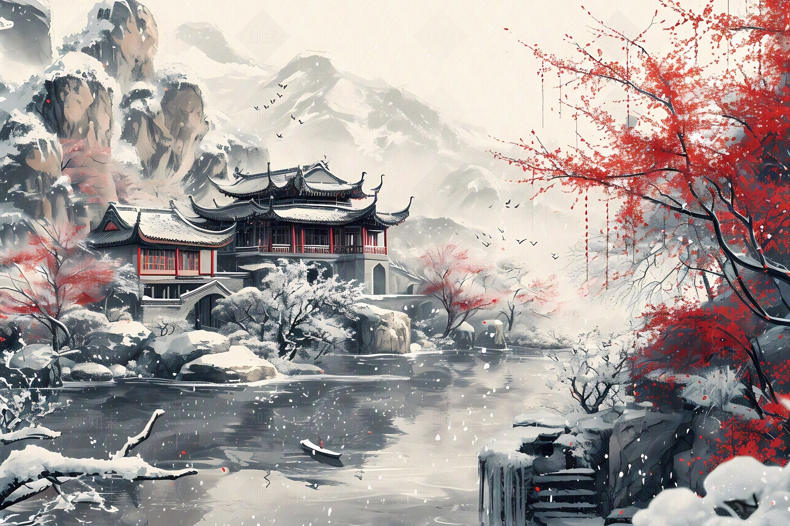 大美国风水墨山水国风壁画贴图下载【ID:1157900219】