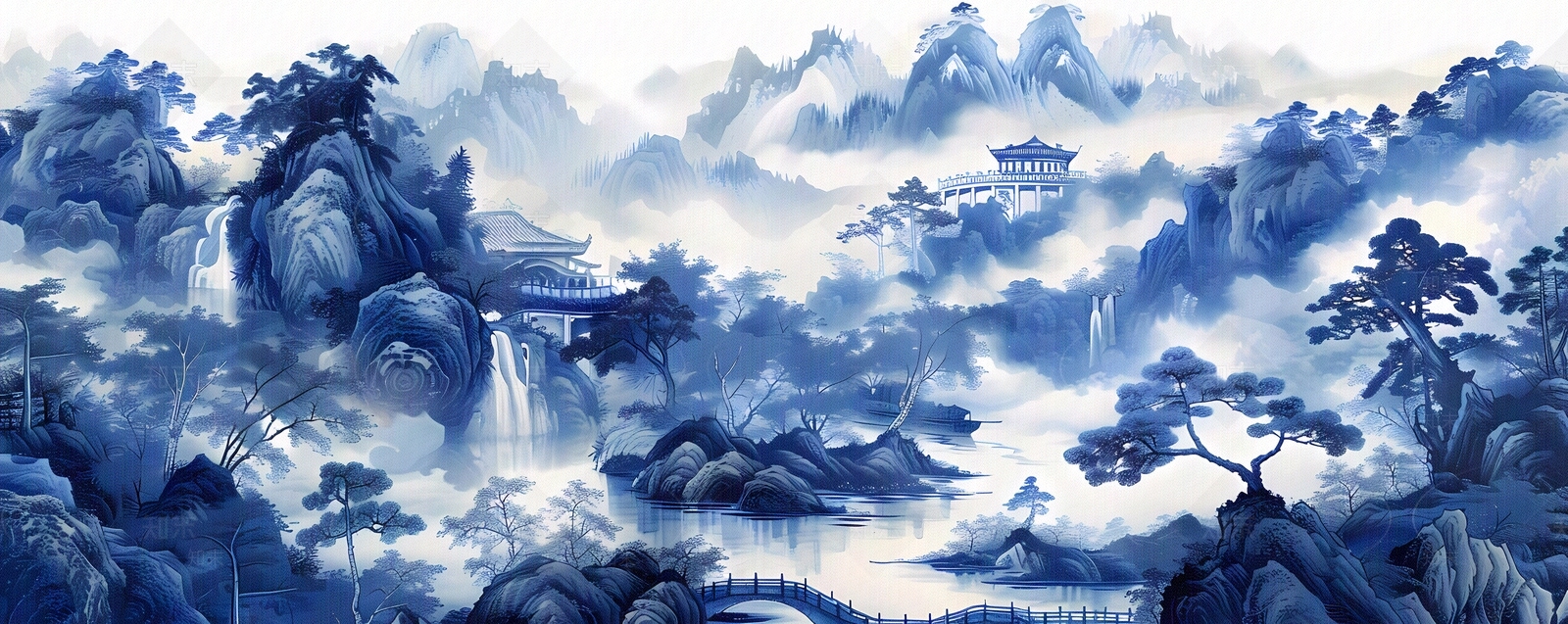 大美国风新中式青花瓷蓝色山水风景画中国风壁画贴图下载【ID:1157901504】