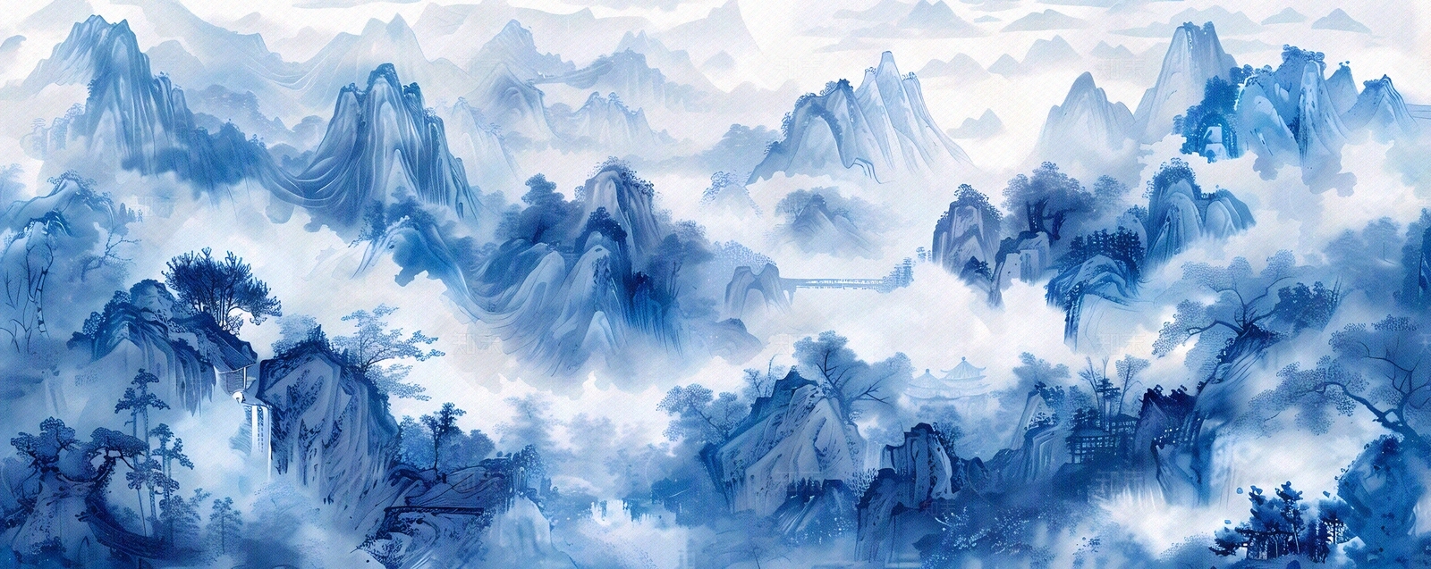 大美国风新中式青花瓷蓝色山水风景画中国风壁画贴图下载【ID:1157901614】