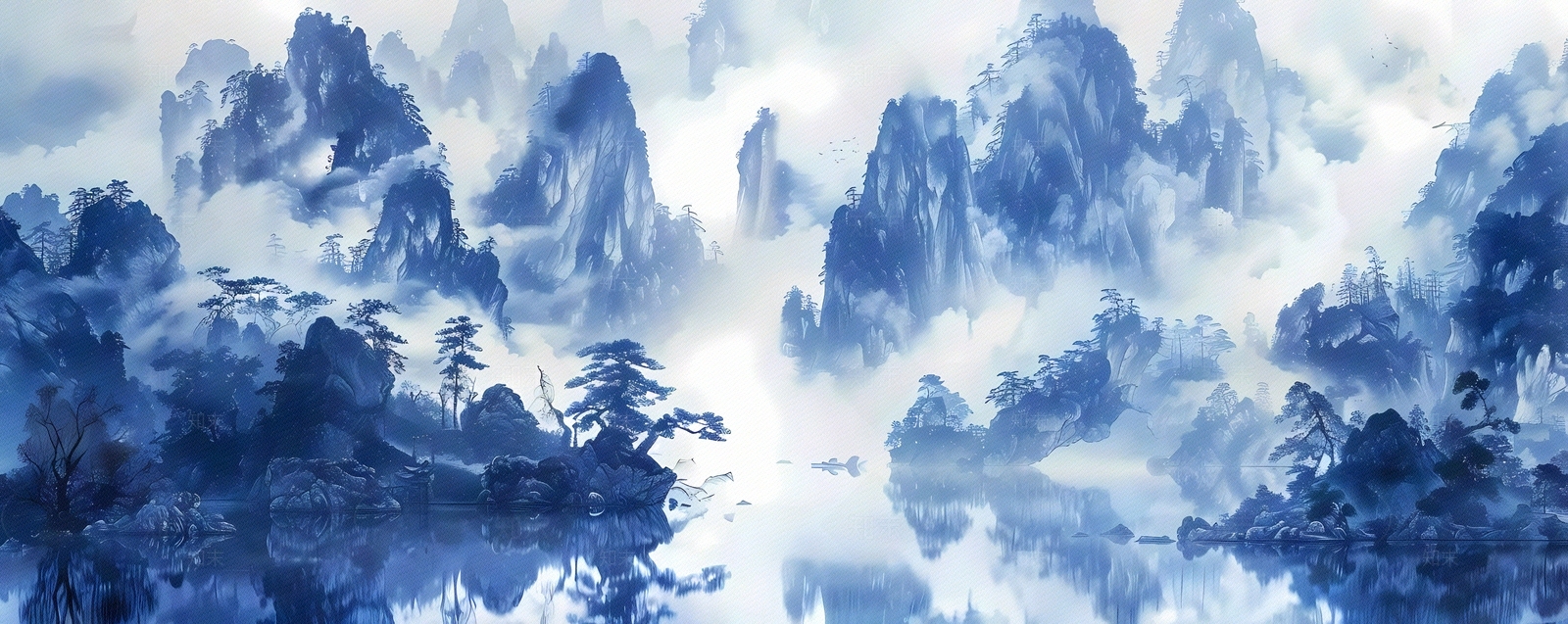 大美国风新中式青花瓷蓝色山水风景画中国风壁画贴图下载【ID:1157902387】