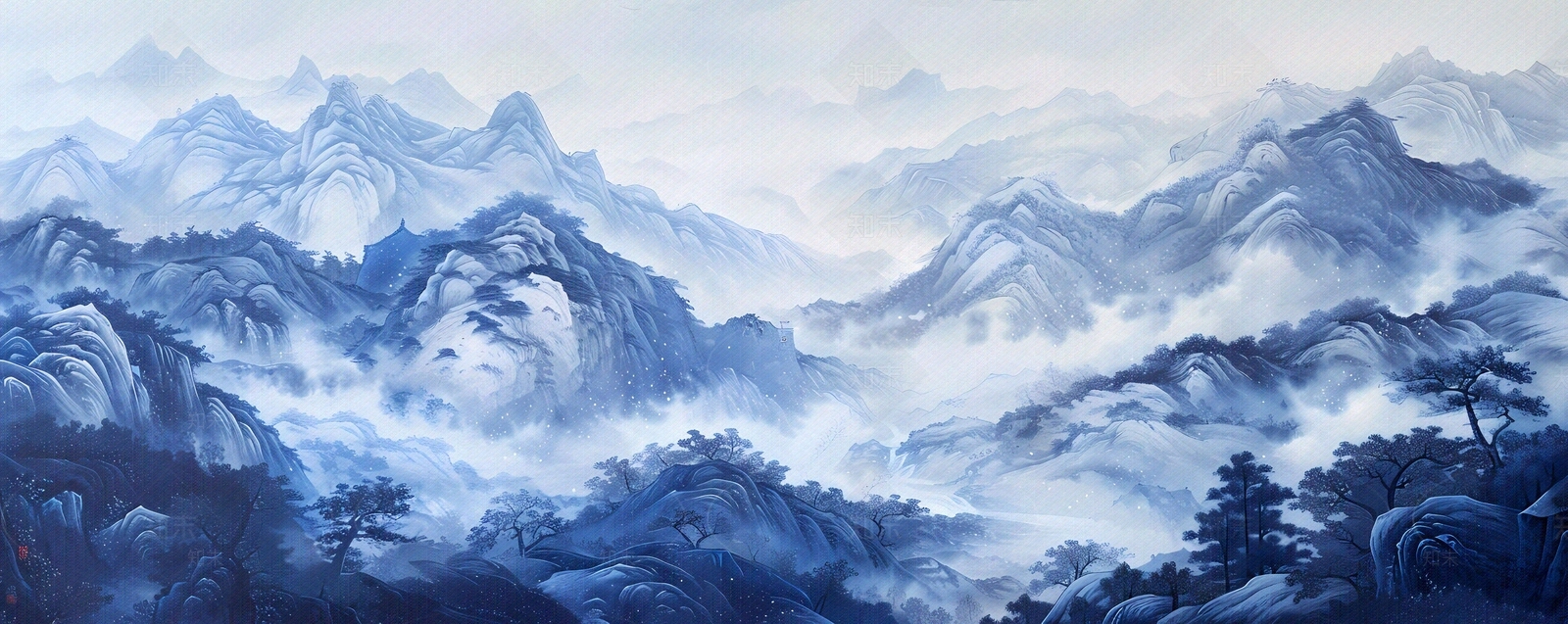 大美国风新中式青花瓷蓝色山水风景画中国风壁画贴图下载【ID:1157903659】