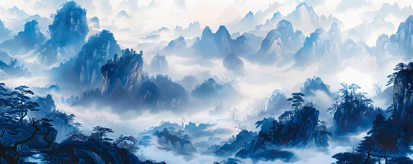 大美国风新中式青花瓷蓝色山水风景画中国风壁画贴图下载【ID:1157903705】