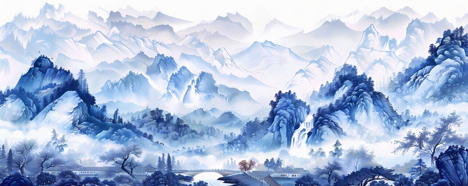 大美国风新中式青花瓷蓝色山水风景画中国风壁画贴图下载【ID:1157903918】