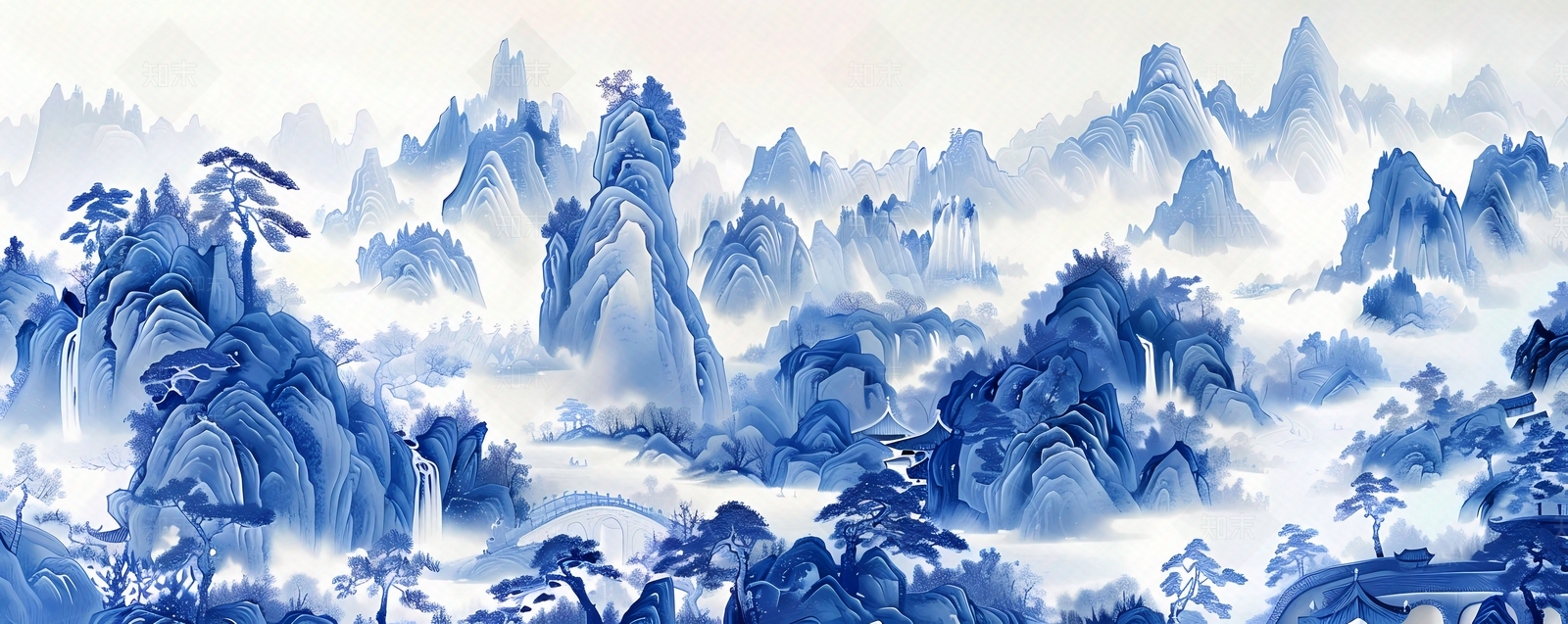 大美国风新中式青花瓷蓝色山水风景画中国风壁画贴图下载【ID:1157904011】