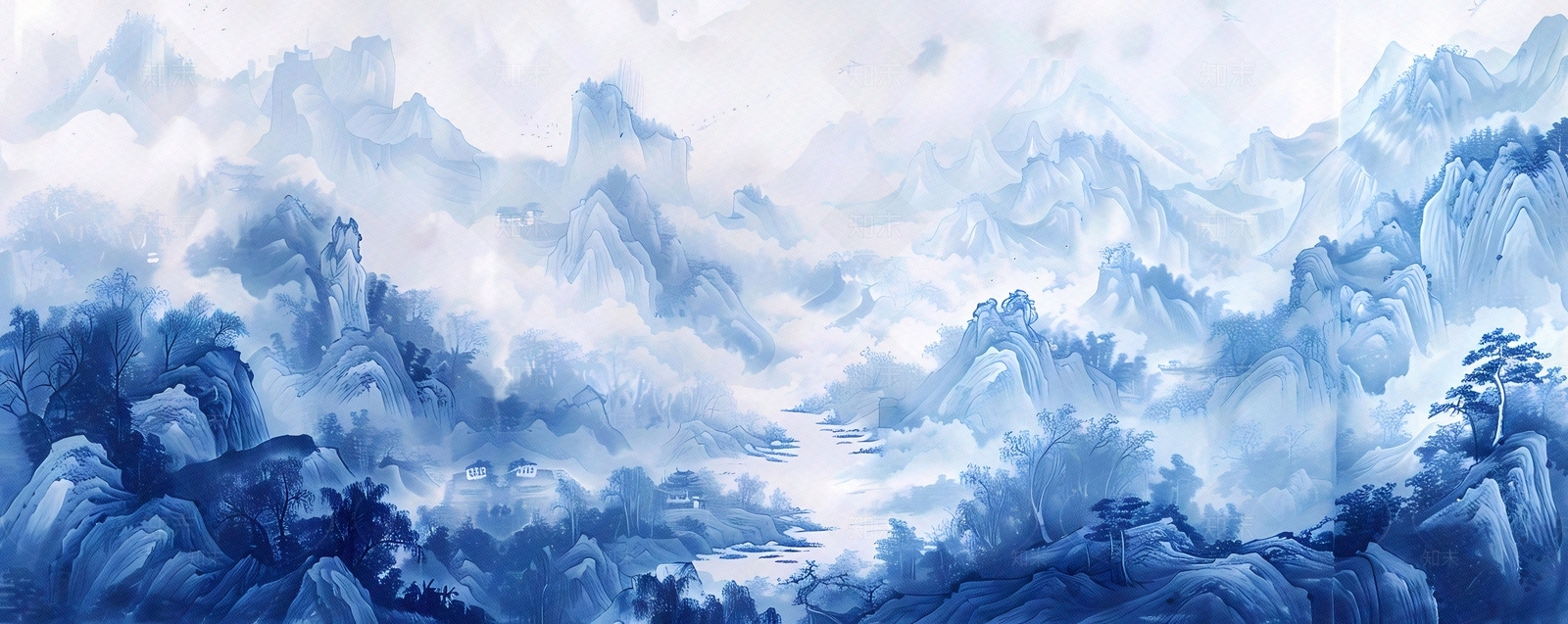 大美国风新中式青花瓷蓝色山水风景画中国风壁画贴图下载【ID:1157904216】