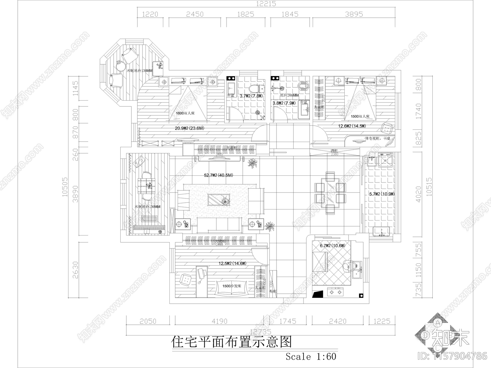 现代家装平层样板间全cad施工图下载【ID:1157904786】