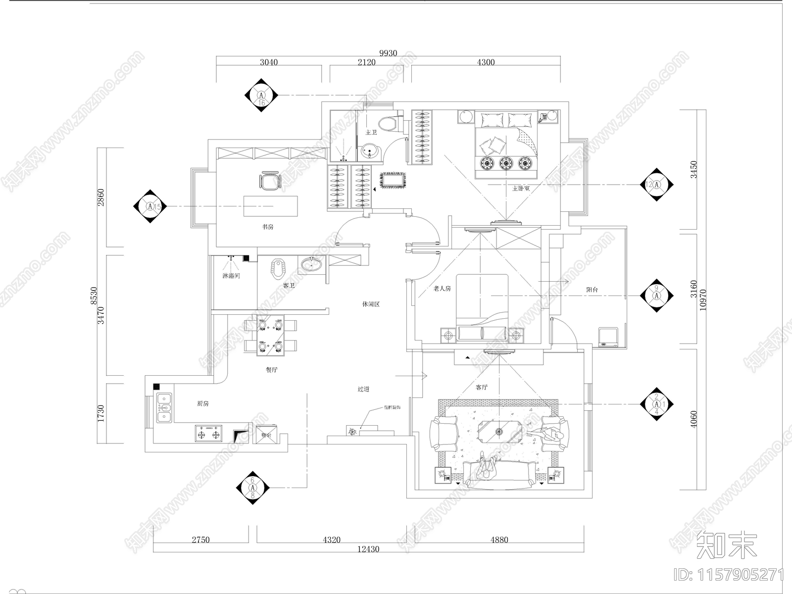 现代家装平层样板间全cad施工图下载【ID:1157905271】