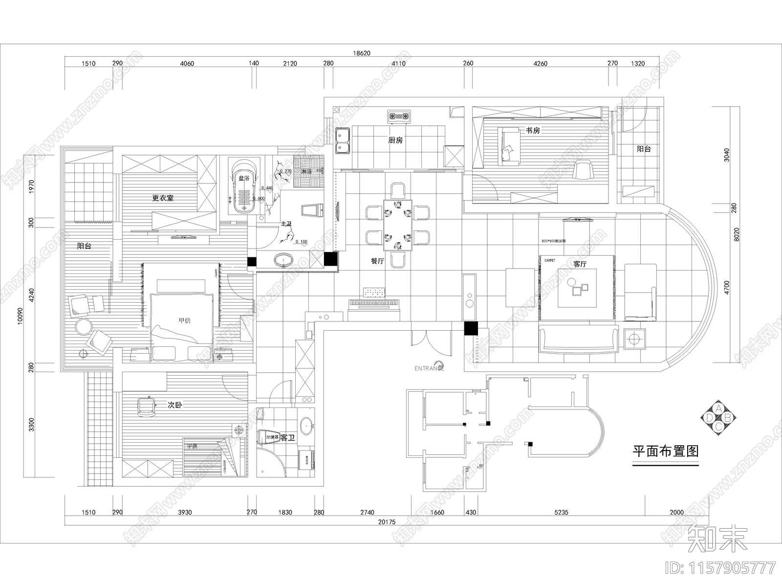现代家装平层样板间全cad施工图下载【ID:1157905777】