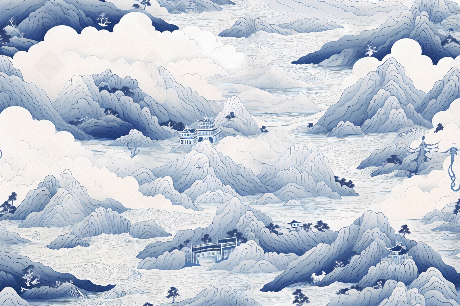 大美国风新中式青花瓷蓝色山水风景画中国风壁画贴图下载【ID:1157907131】