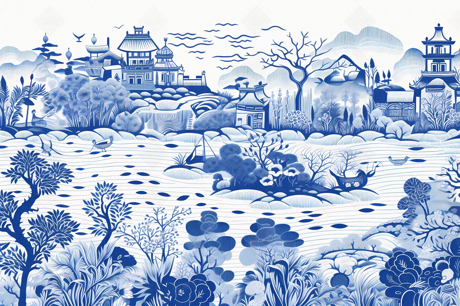 大美国风新中式青花瓷蓝色山水风景画中国风壁画贴图下载【ID:1157907263】