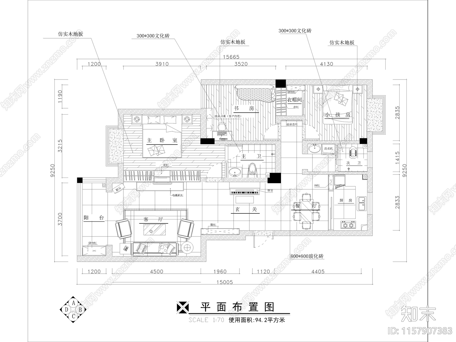 现代家装平层样板间cad施工图下载【ID:1157907383】