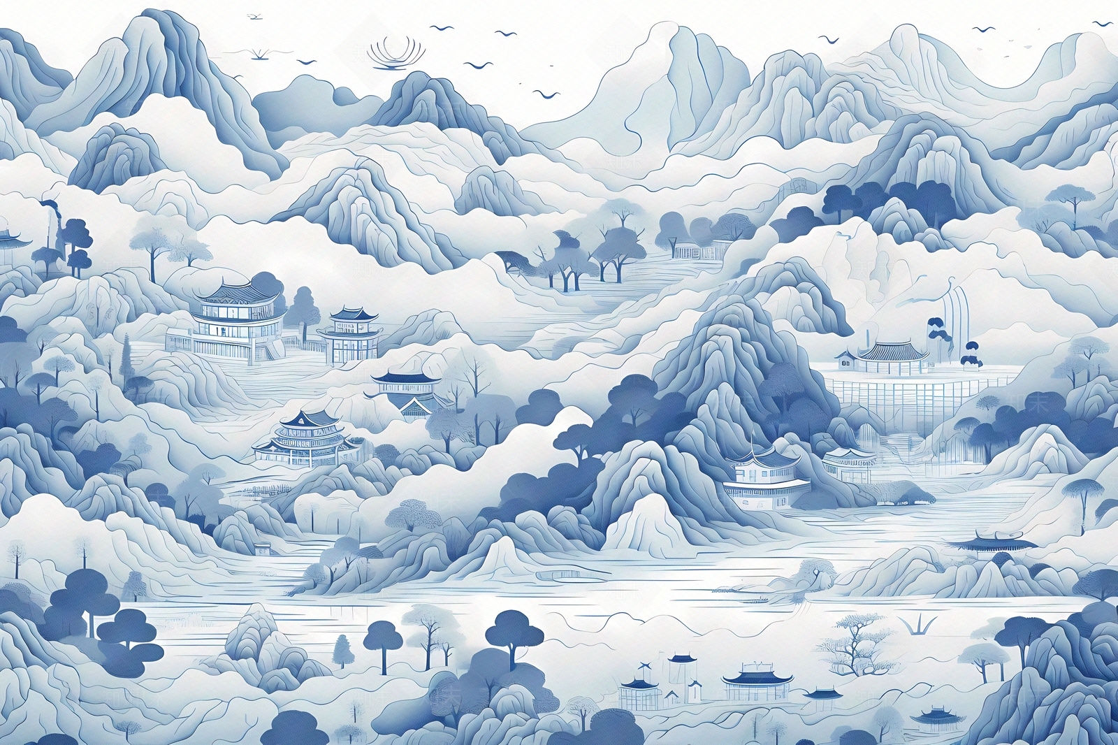 大美国风新中式青花瓷蓝色山水风景画中国风壁画贴图下载【ID:1157907472】