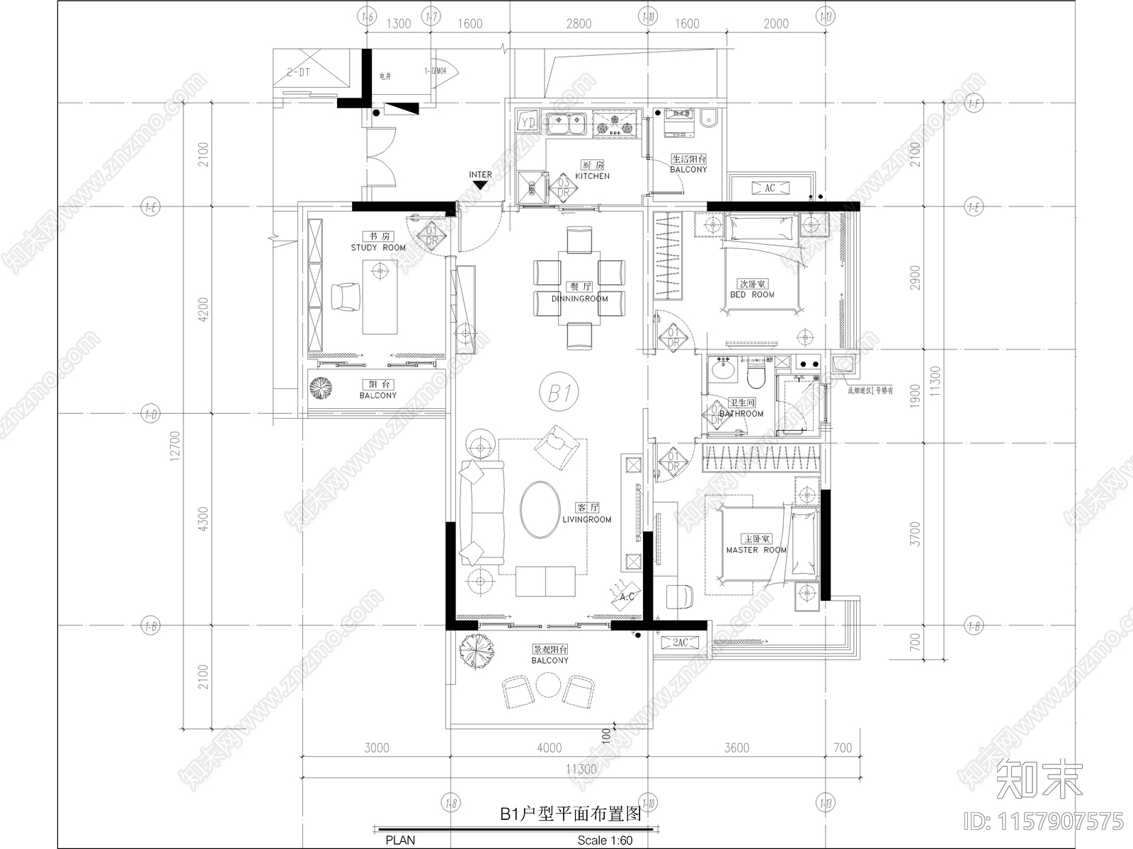 现代家装平层样板间cad施工图下载【ID:1157907575】