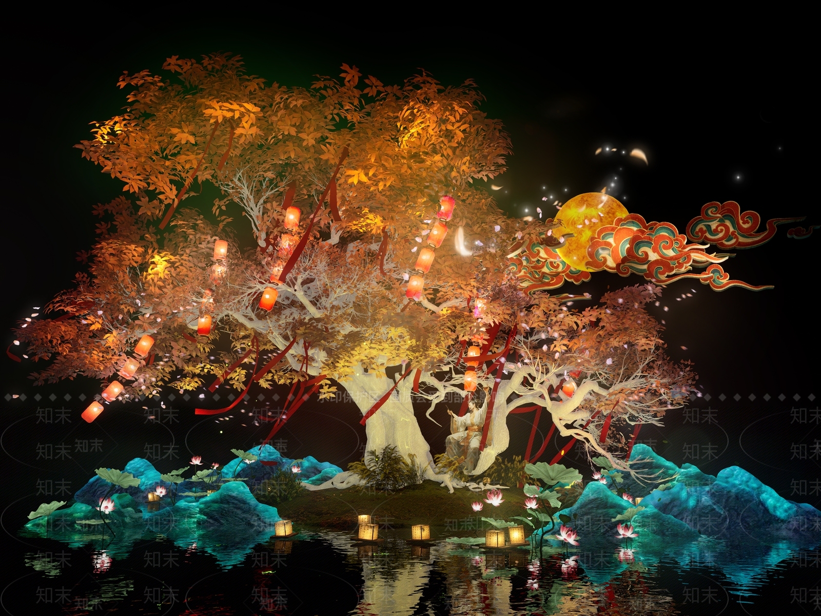 现代网红打卡国潮古风神树景观美陈SU模型下载【ID:1157907994】