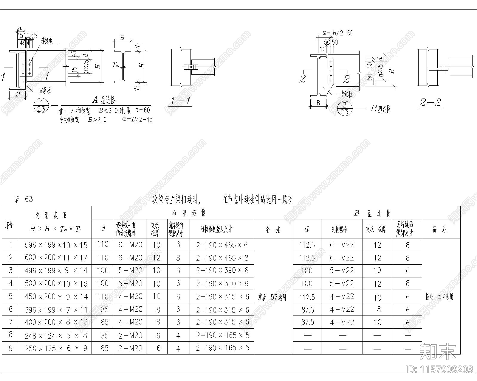 次粱与主粱相连时在节点中连接件的选用一览表施工图下载【ID:1157909203】