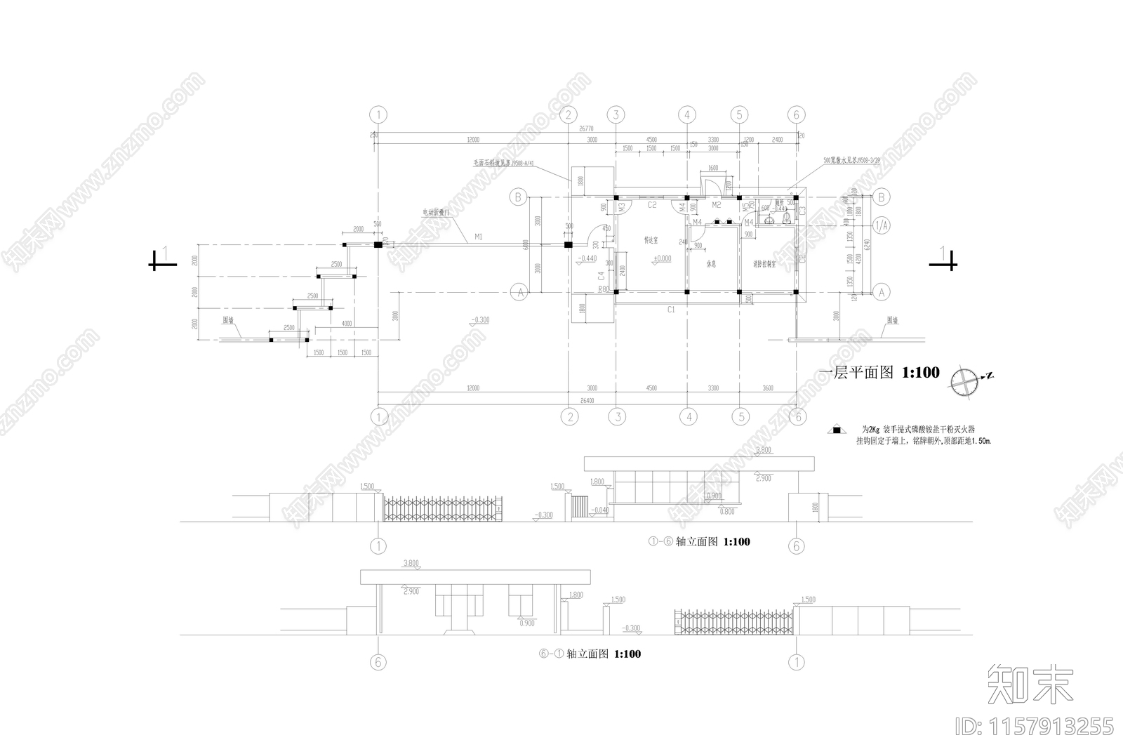 门卫室建筑cad施工图下载【ID:1157913255】