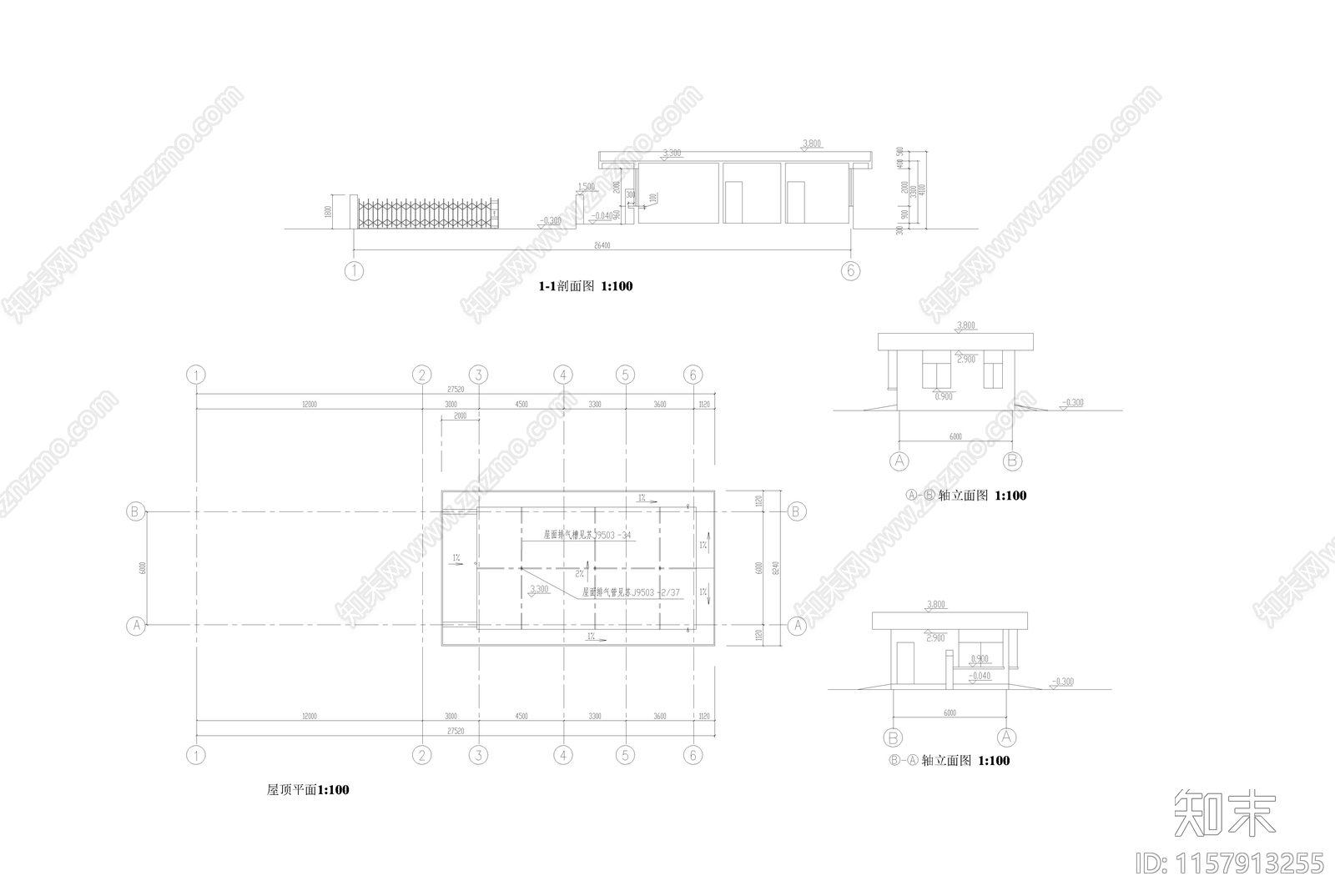 门卫室建筑cad施工图下载【ID:1157913255】