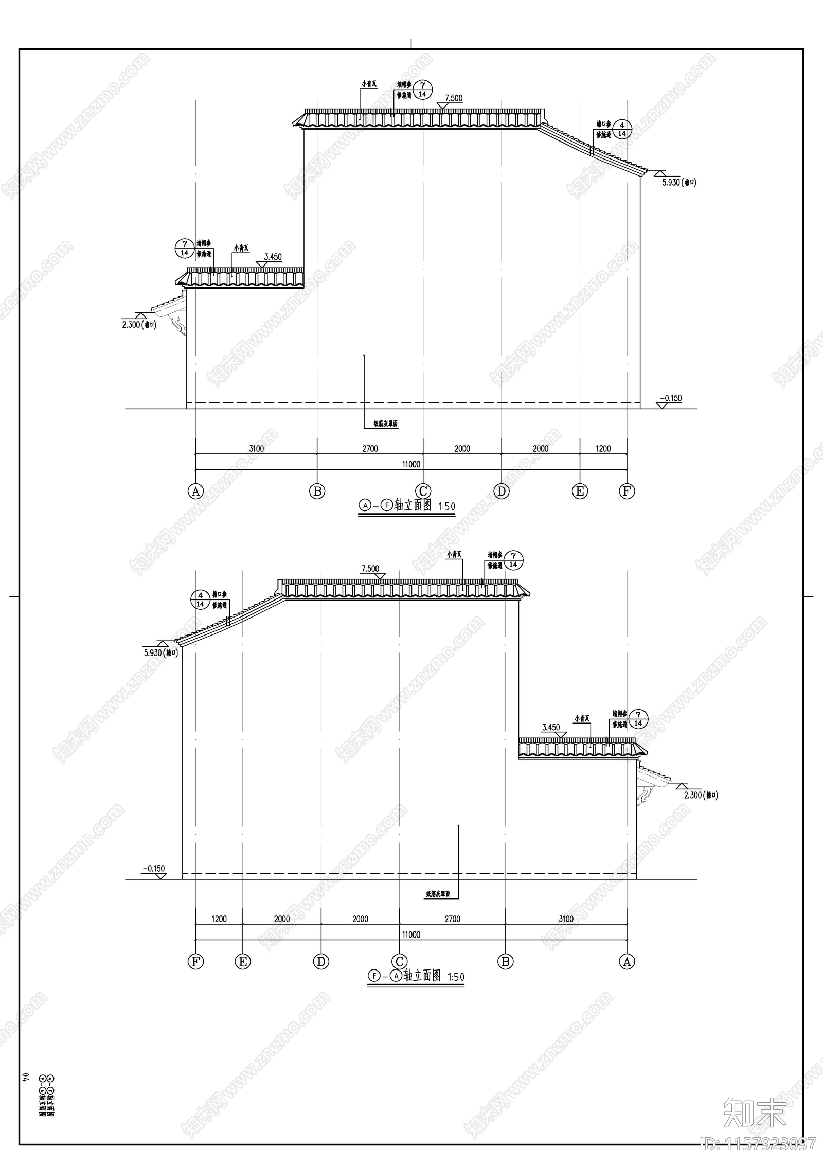 徽派建筑风格二层办公楼建筑图cad施工图下载【ID:1157923097】