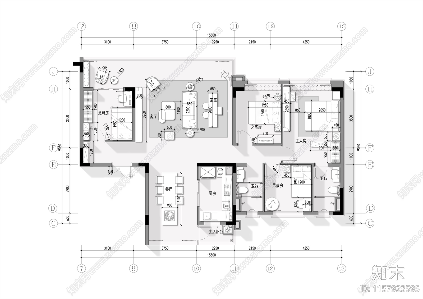 135㎡户型平面设计图施工图下载【ID:1157923595】