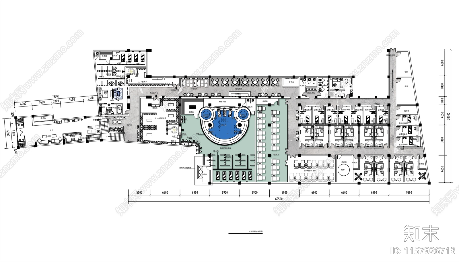 2000㎡洗浴按摩会所平面布置图施工图下载【ID:1157926713】