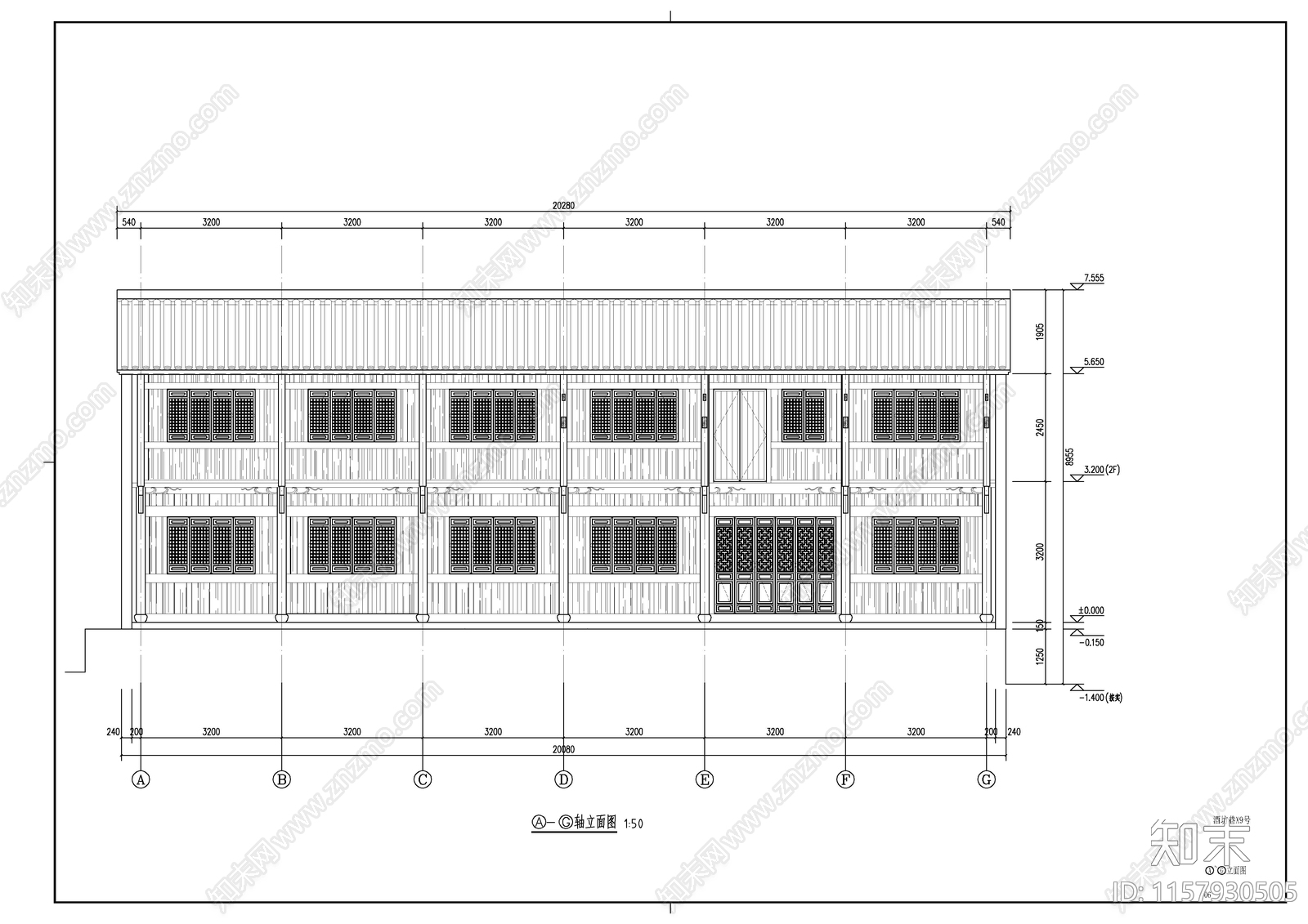 仿古徽派商铺建筑cad施工图下载【ID:1157930505】