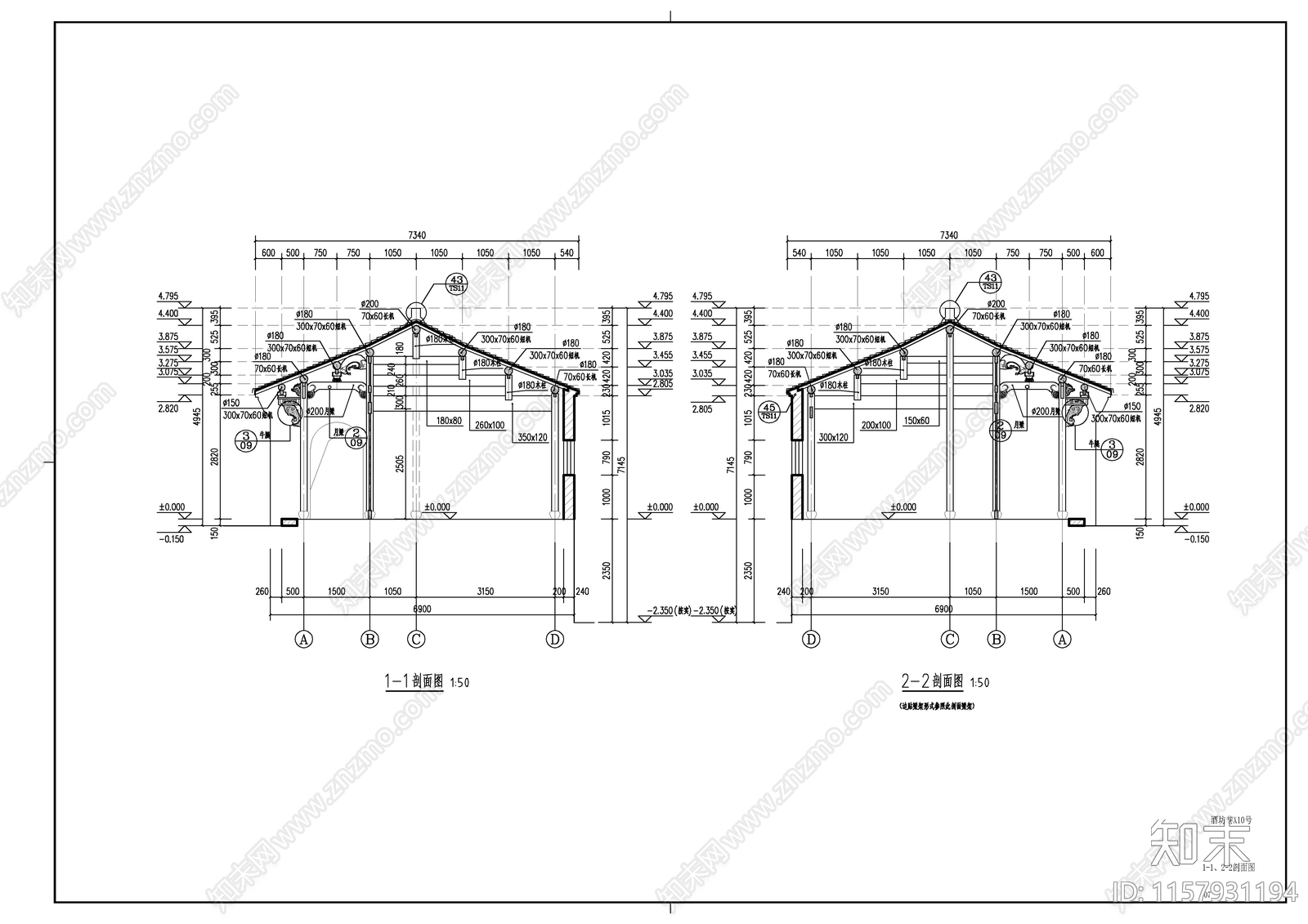 一层徽派风格商铺建筑cad施工图下载【ID:1157931194】