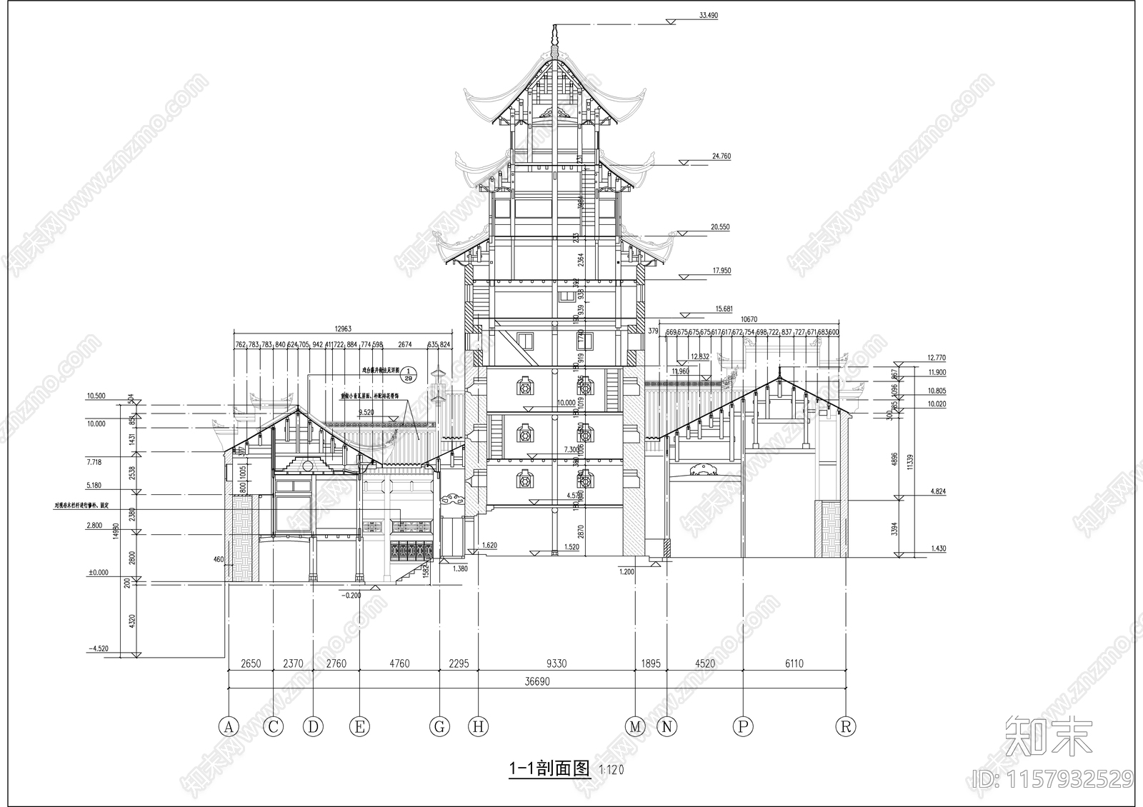 砖木塔式宗祠建筑cad施工图下载【ID:1157932529】