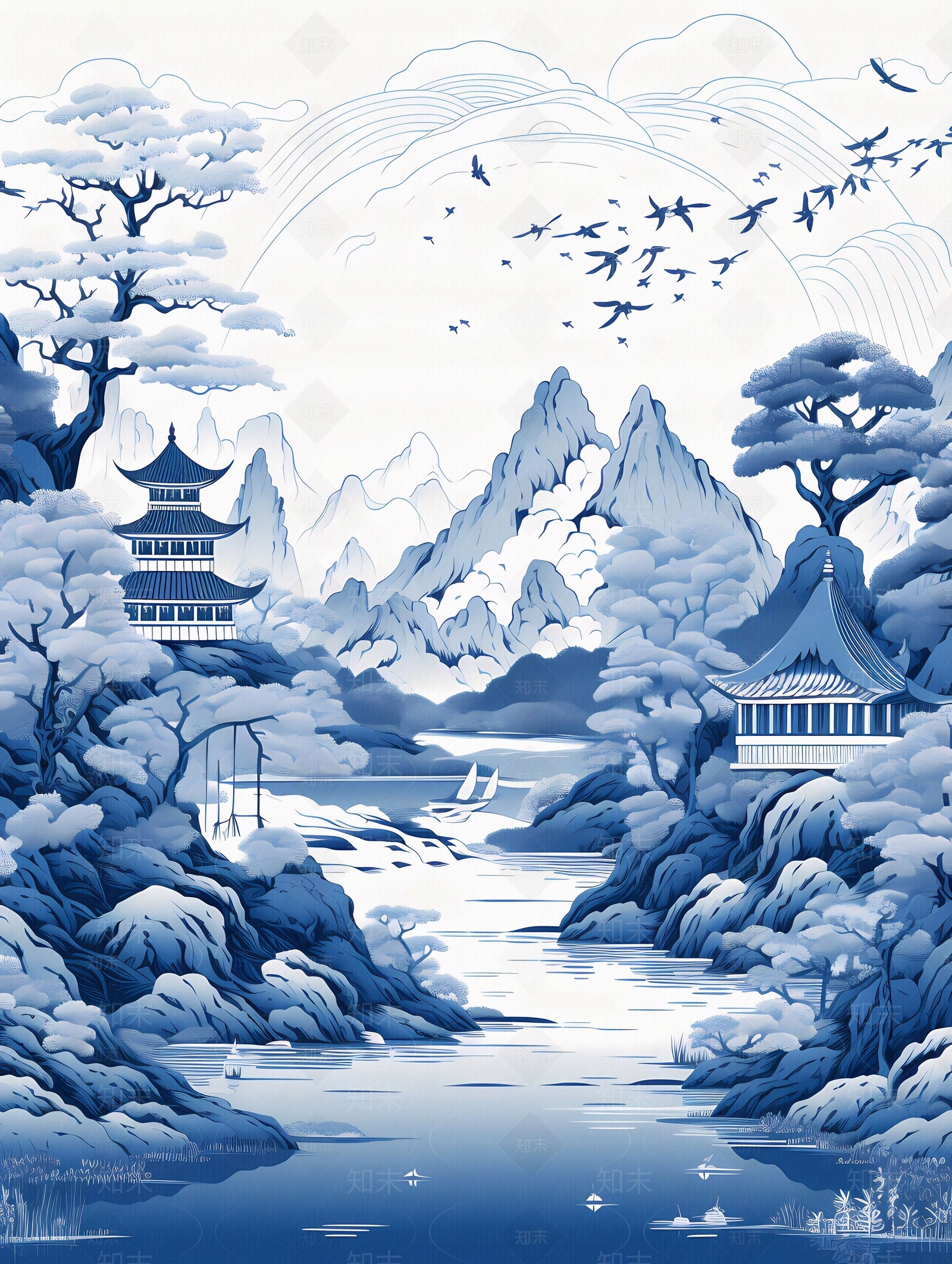 大美国风新中式青花瓷蓝色山水风景画中国风壁画贴图下载【ID:1157935524】